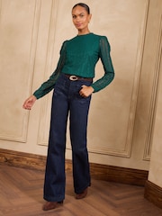Love & Roses Teal Blue Long Sleeve Lace Top - Image 3 of 6