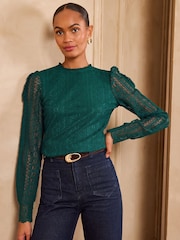 Love & Roses Teal Blue Long Sleeve Lace Top - Image 4 of 6