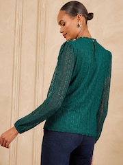 Love & Roses Teal Blue Long Sleeve Lace Top - Image 5 of 6