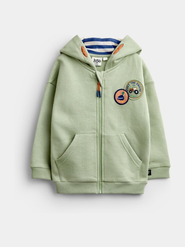 JoJo Maman Bébé Light Green Farm Badge Appliqué Hoodie - Image 1 of 4 JoJo Maman Bébé Light Green Farm Badge Appliqué Hoodie - Image 1 of 4