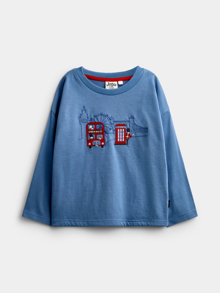 JoJo Maman Bébé Blue Marl London Bus Appliqué Top - Image 1 of 4 JoJo Maman Bébé Blue Marl London Bus Appliqué Top - Image 1 of 4