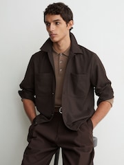 Reiss Chocolate Brown Penge Brushed Twin-Pocket Overshirt with Wool - Image 1 of 6