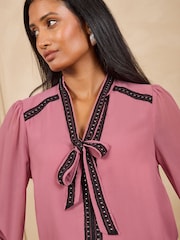 Love & Roses Rose Pink Petite Stud Trim Pussybow Blouse - Image 2 of 5