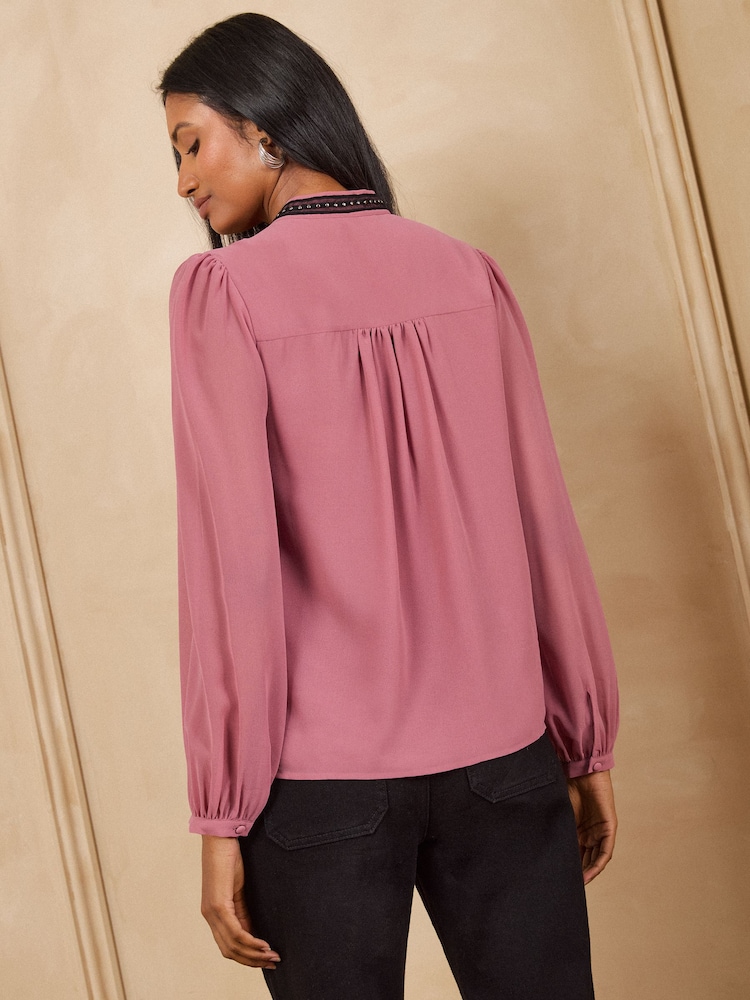 Love & Roses Rose Pink Petite Stud Trim Pussybow Blouse - Image 5 of 5