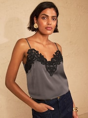 Love & Roses Grey Lace Trim Satin V-Neck Camisole - Image 1 of 4