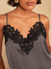Love & Roses Grey Lace Trim Satin V-Neck Camisole - Image 2 of 4