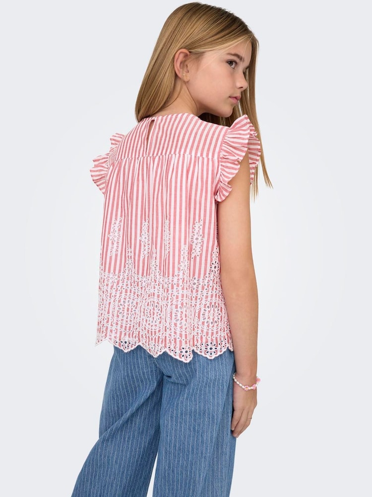 ONLY KIDS Red White Stripe Emroidery Anglais Frill Top - Image 2 of 6