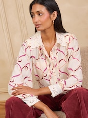 Love & Roses X Binky Printed Ivory Lace Cuff Button Through Shirt - Image 1 of 4