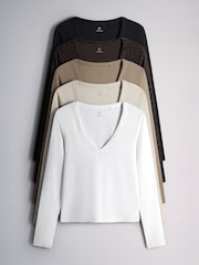 The Set 5 Pack V-Neck Ribbed Long Sleeve T-Shirts Brown/Black/Leopard Animal/Neutral/White - Image 1 of 8