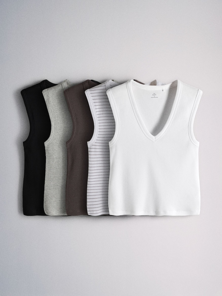 The Set 5 Pack Deep V-Neck Ribbed Vests Multi - Image 1 of 8 The Set 5 Pack Deep V-Neck Ribbed Vests Multi - Image 1 of 8
