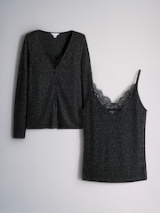 The Set Lurex Sparkle Cardigan and Lace Vest Set Black - Image 1 of 5