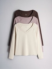 The Set 3 Pack Crossover V-Neck Long Sleeve Tops Brown/Plum/Neutral - Image 2 of 9
