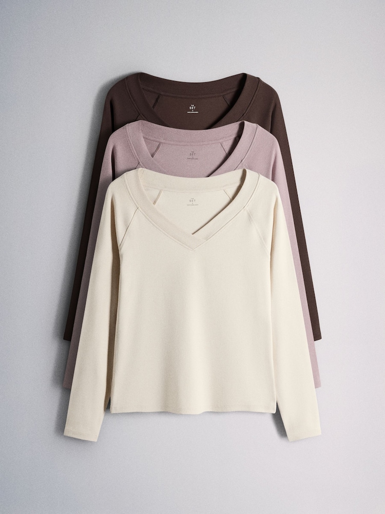 The Set 3 Pack Crossover V-Neck Long Sleeve Tops Brown/Plum/Neutral - Image 2 of 9