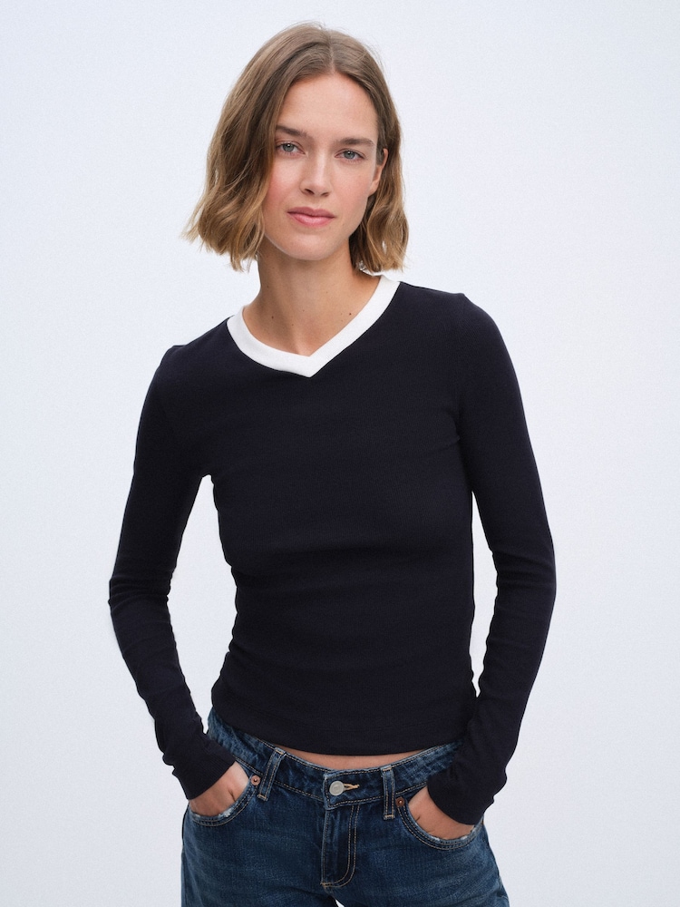 The Set 3 Pack High V-Neck Rib Long Sleeve Tops Burgundy/Cream/Navy - Image 1 of 13