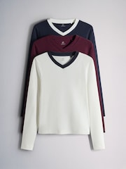 The Set 3 Pack High V-Neck Rib Long Sleeve Tops Burgundy/Cream/Navy - Image 2 of 13