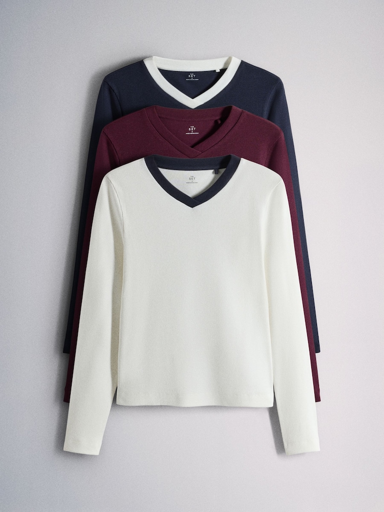 The Set 3 Pack High V-Neck Rib Long Sleeve Tops Burgundy/Cream/Navy - Image 2 of 13