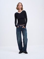 The Set 3 Pack High V-Neck Rib Long Sleeve Tops Burgundy/Cream/Navy - Image 3 of 13