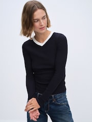 The Set 3 Pack High V-Neck Rib Long Sleeve Tops Burgundy/Cream/Navy - Image 6 of 13