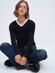The Set 3 Pack High V-Neck Rib Long Sleeve Tops Burgundy/Cream/Navy - Image 7 of 13