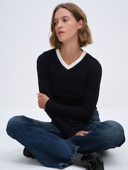 The Set 3 Pack High V-Neck Rib Long Sleeve Tops Burgundy/Cream/Navy - Image 8 of 13