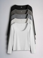 The Set 5 Pack Long Sleeve Ribbed Lace Scoop Tops Black/Grey/Charcoal/White - Image 1 of 8