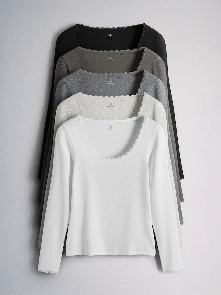 The Set 5 Pack Long Sleeve Ribbed Lace Scoop Tops Black/Grey/Charcoal/White - Image 1 of 8