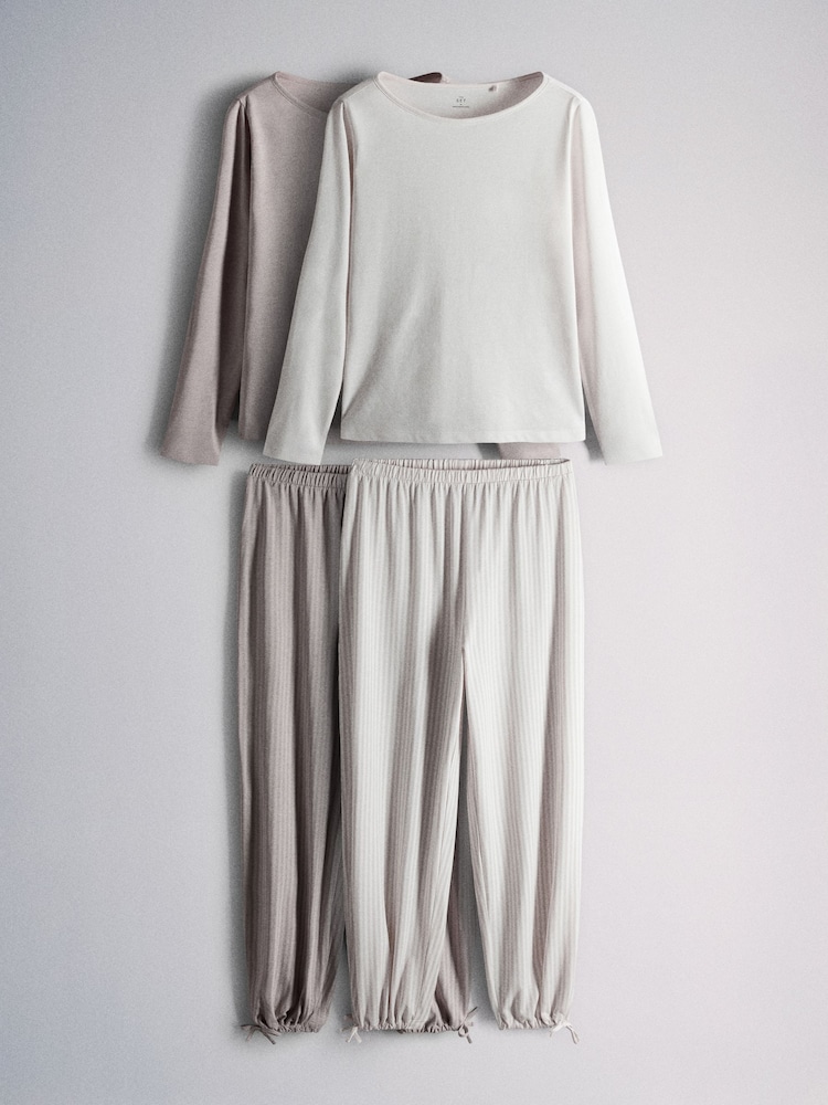 The Set 2 Pack Essentials Slash Neck and Balloon Pyjamas Pink/Taupe Brown - Image 1 of 7