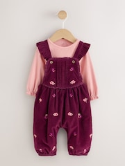 Burgundy Floral Cord Baby Dungarees And Bodysuit Set 2 Piece (0mths-2yrs) - Image 1 of 6