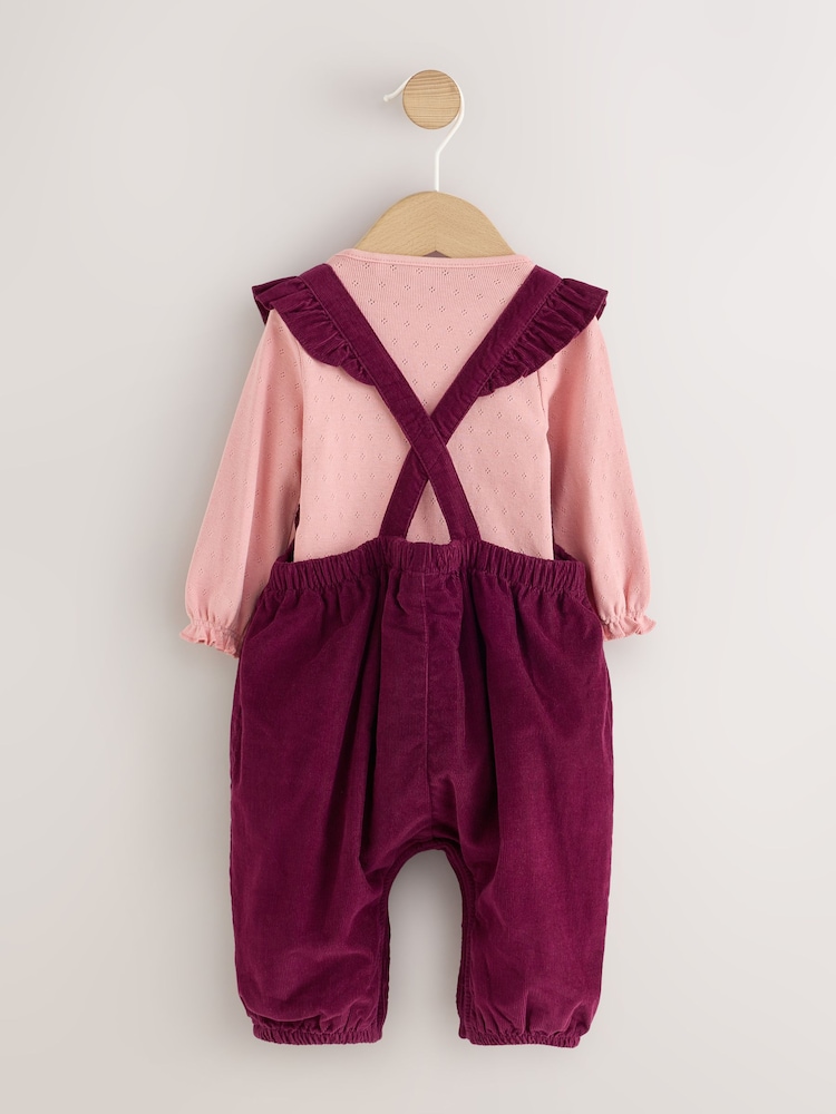 Burgundy Floral Cord Baby Dungarees And Bodysuit Set 2 Piece (0mths-2yrs) - Image 2 of 6 Burgundy Floral Cord Baby Dungarees And Bodysuit Set 2 Piece (0mths-2yrs) - Image 2 of 6