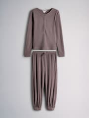 The Set Soft Cream Henley and Balloon Pant Lounge Co-Ord Set Aubergine Purple - Image 1 of 5