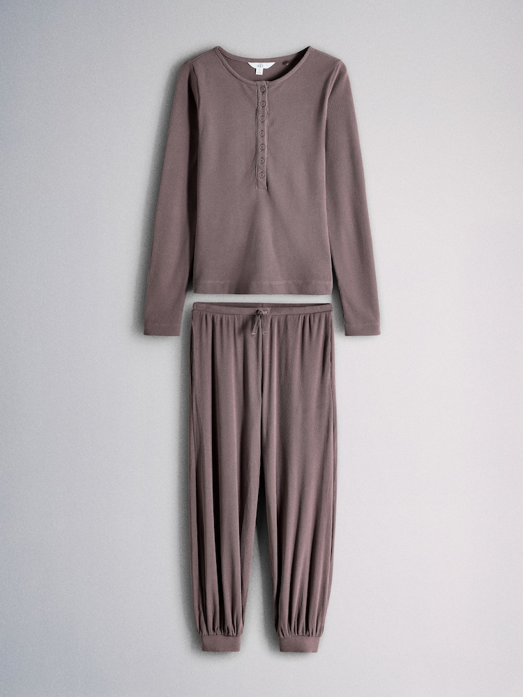 The Set Soft Cream Henley and Balloon Pant Lounge Co-Ord Set Aubergine Purple - Image 1 of 5 The Set Soft Cream Henley and Balloon Pant Lounge Co-Ord Set Aubergine Purple - Image 1 of 5