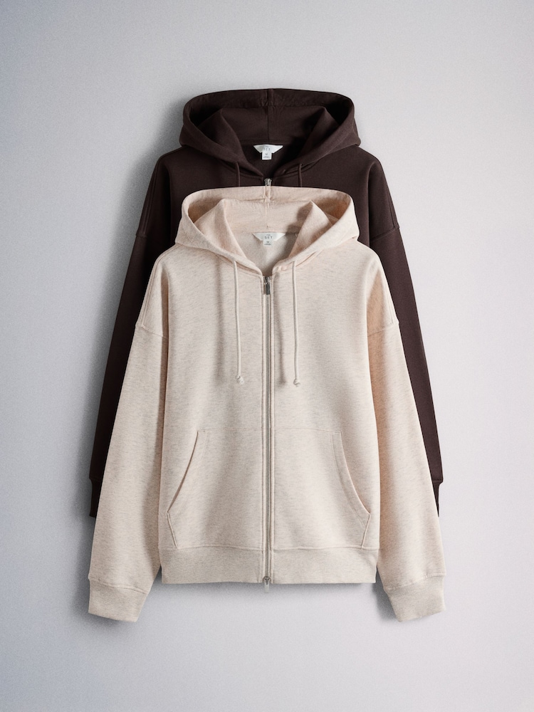 The Set 2 Pack Zip Through Hoodies Light Oatmarl/Brown - Image 1 of 5 The Set 2 Pack Zip Through Hoodies Light Oatmarl/Brown - Image 1 of 5