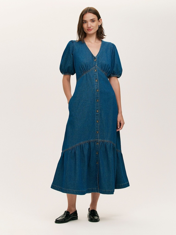Finery Blue Goldie Denim Button Through Midi Dress - Image 1 of 4