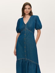 Finery Blue Goldie Denim Button Through Midi Dress - Image 2 of 4
