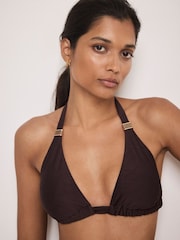 Mint Velvet Chocolate Brown Textured High Apex Bikini Top - Image 2 of 5