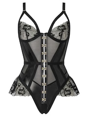Ann Summers Black Ecstatic PU & Floral Embroidery Crotchless Teddy - Image 6 of 6