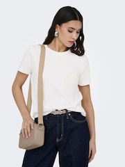 JDY White White Cotton T-Shirt With Crochet Pocket - Image 1 of 6