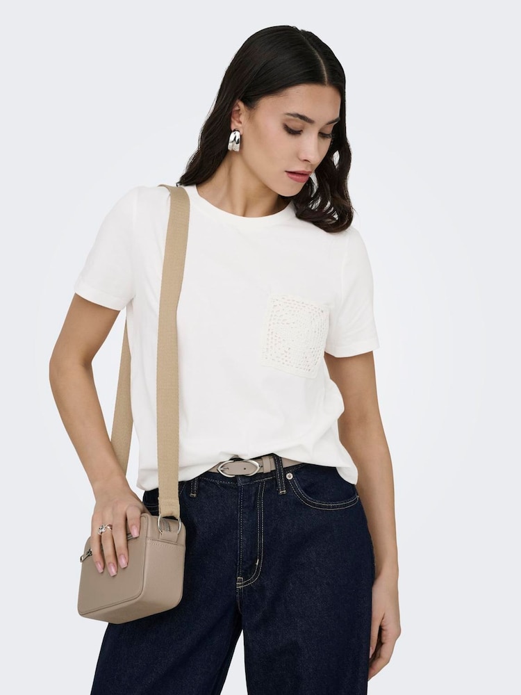 JDY White White Cotton T-Shirt With Crochet Pocket - Image 1 of 6