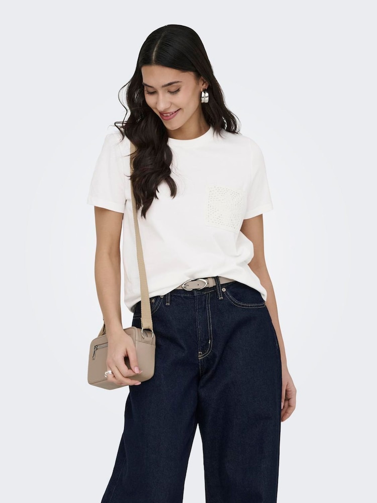 JDY White White Cotton T-Shirt With Crochet Pocket - Image 2 of 6