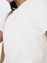 JDY White White Cotton T-Shirt With Crochet Pocket - Image 4 of 6