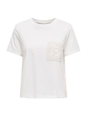 JDY White White Cotton T-Shirt With Crochet Pocket - Image 5 of 6