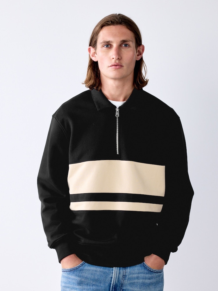 Black/Cream Block Soft Loopback Zip Neck Polo Sweatshirt - Image 1 of 8