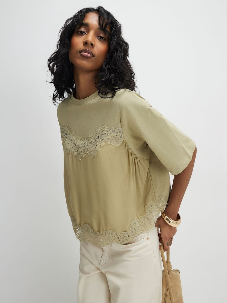 River Island Green Short Sleeve Lace Front Tee - Image 1 of 4