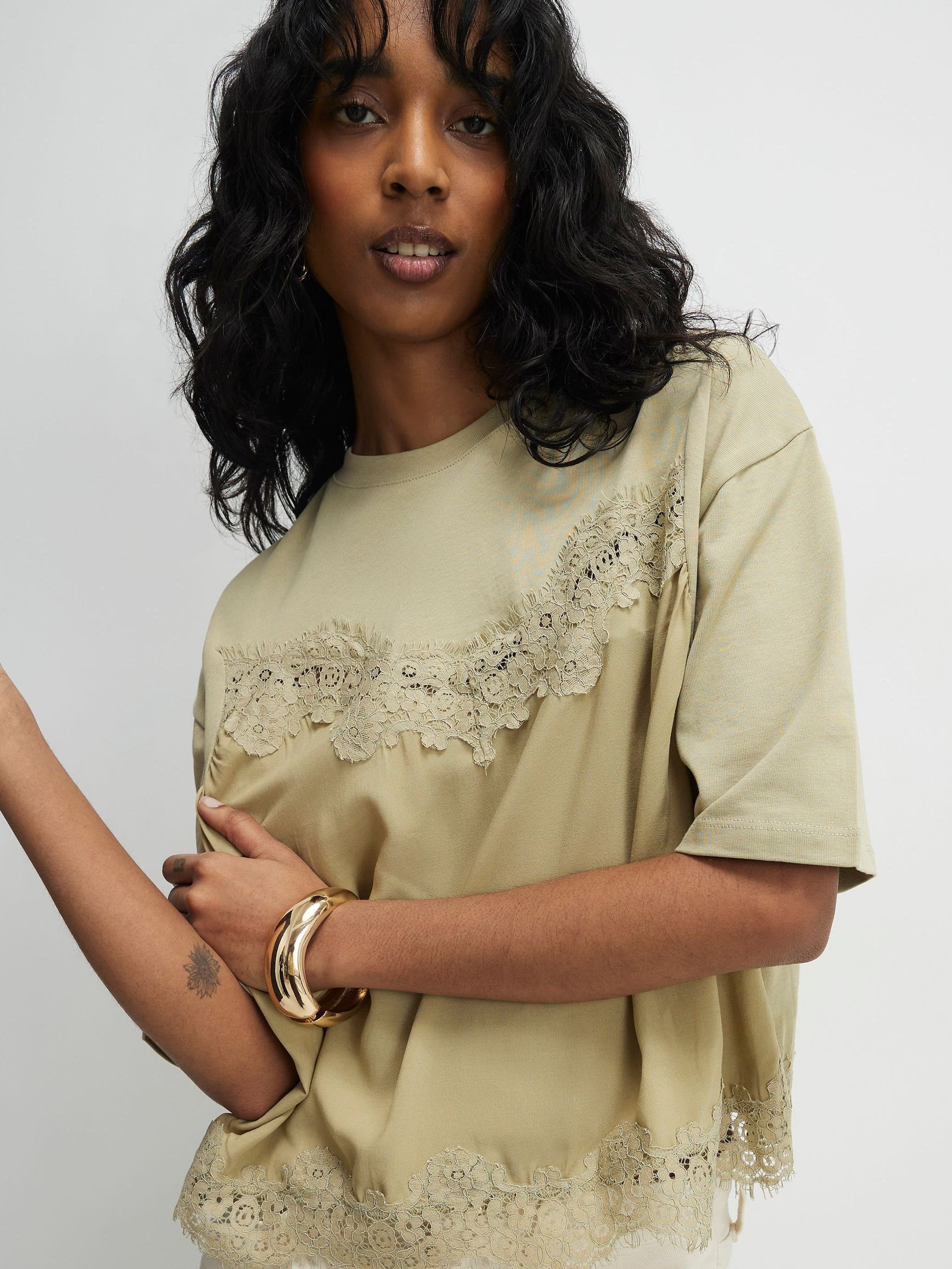 Buy River Island Green Short Sleeve Lace Front T-Shirt from the