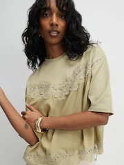 River Island Green Short Sleeve Lace Front Tee - Image 2 of 4