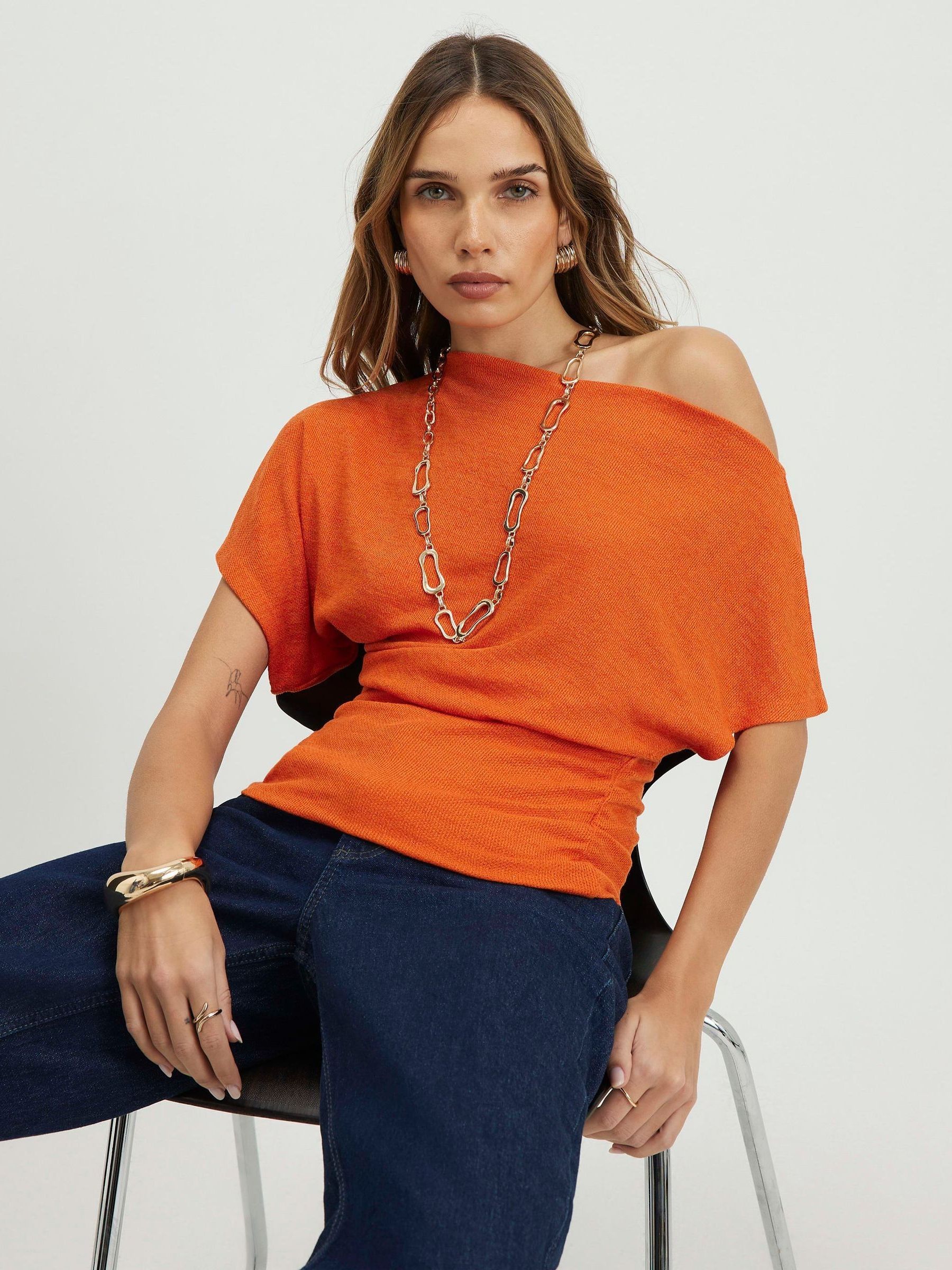Buy River Island Orange Short Sleeve Banded Hem Drape Top from