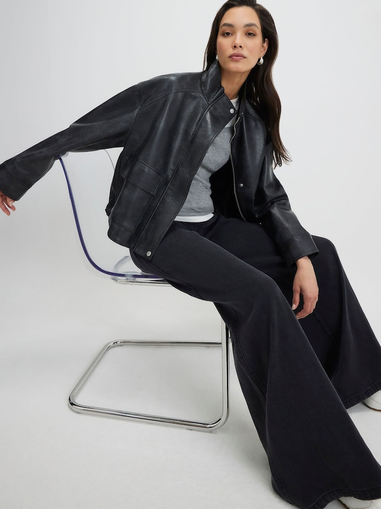 River Island Black High Rise Tie Front Wide Leg Pyjama Style Jeans - Image 2 of 4