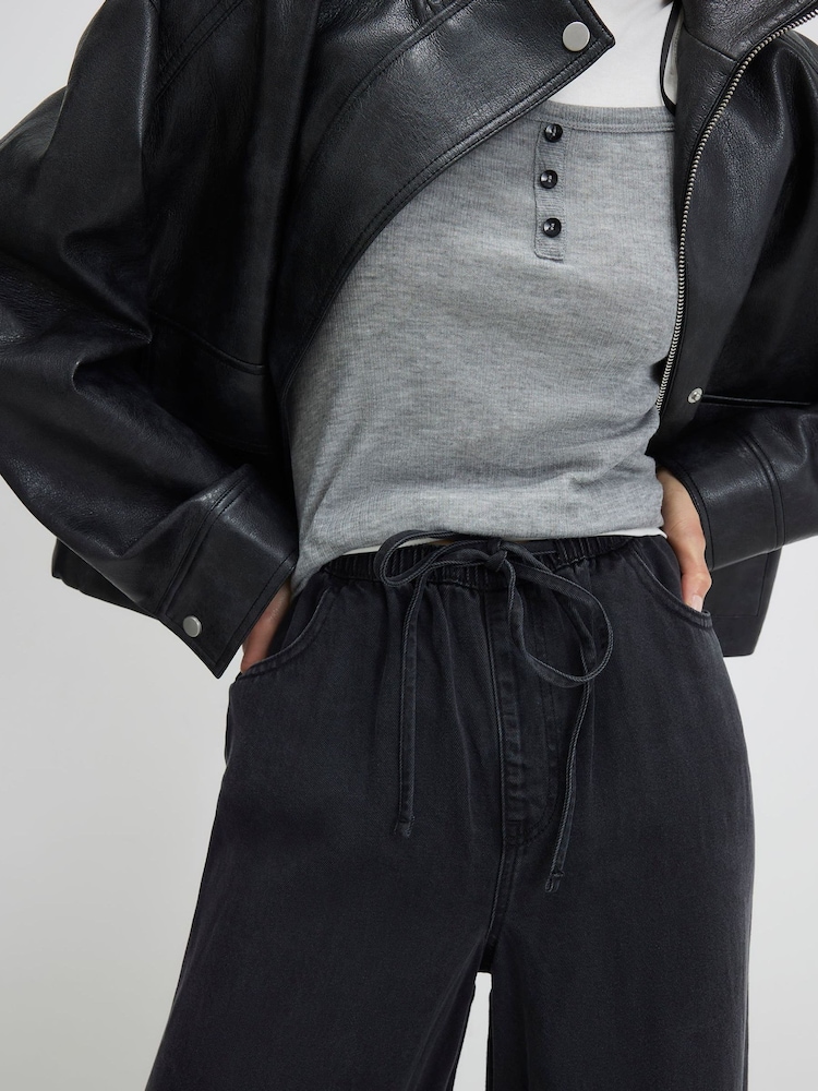 River Island Black High Rise Tie Front Wide Leg Pyjama Style Jeans - Image 4 of 4