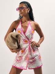 River Island White Sun Print Halter Neck Playsuit - Image 1 of 4