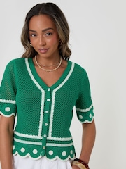 Threadbare Green Crochet Flower Hem Button Up Top - Image 1 of 4